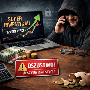 Osoba w kapturze z telefonem przy uchu, po lewej laptop z grafiką, gotówka i monety, kalkulator, po środku tabliczka, po prawej na dole rozsypane monety ze skarbonki.