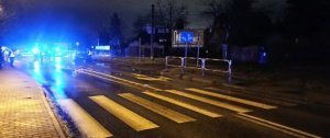 Na zdjęciu widoczni są umundurowani policjanci, którzy wykonują czynności po zdarzeniu drogowym. Widoczne jest przejście dla pieszych oraz samochód osobowy, którzy brał udział w wypadku.