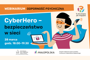 Na zdjęciu kolorowa rysunkowa  postać chłopaka z napisem na laptopie CyberHero